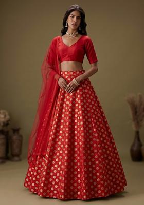 Bright Red Brocade Lehenga Set