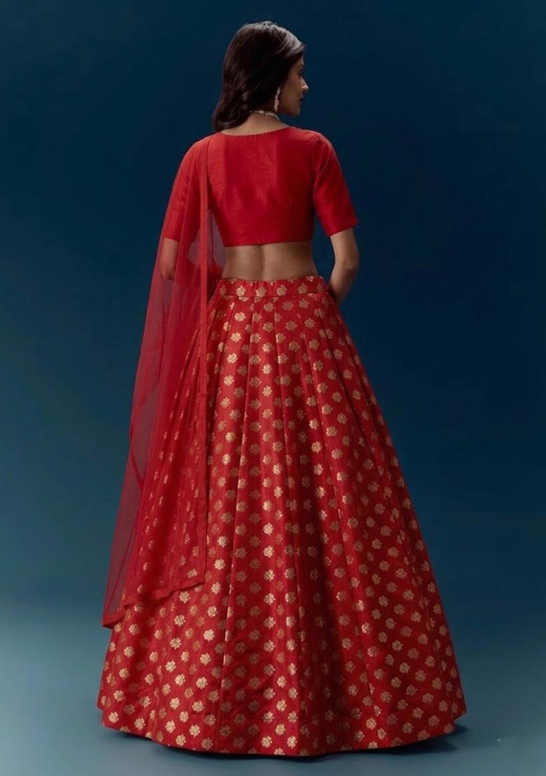 Bright Red Brocade Lehenga Set - Indya