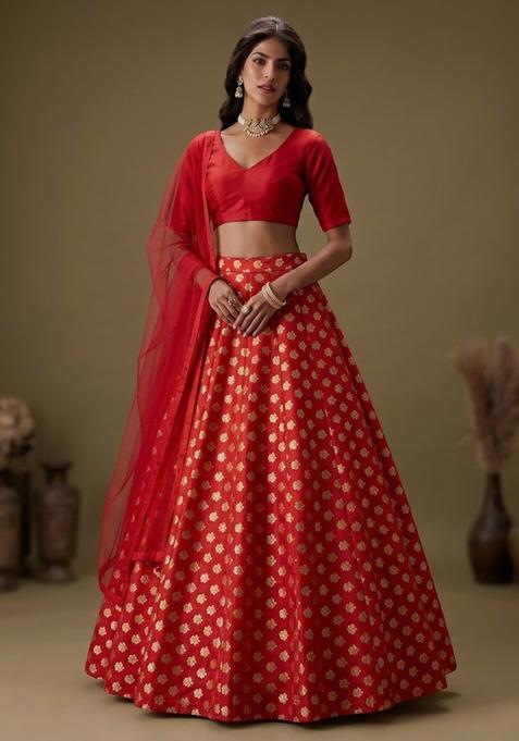 Bright Red Brocade Lehenga Set