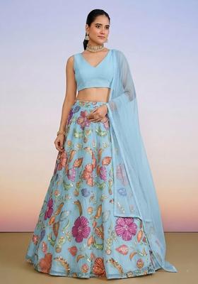 Sky Blue Printed Poly Blend Lehenga Set