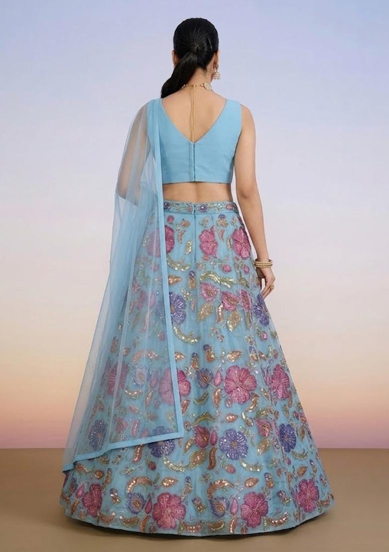 Sky Blue Printed Poly Blend Lehenga Set - Indya