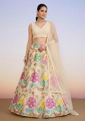 Cream White Printed Poly Blend Lehenga Set
