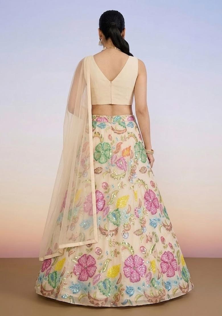 Cream White Printed Poly Blend Lehenga Set - Indya