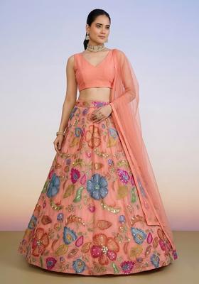 Coral Peach Printed Poly Blend Lehenga Set