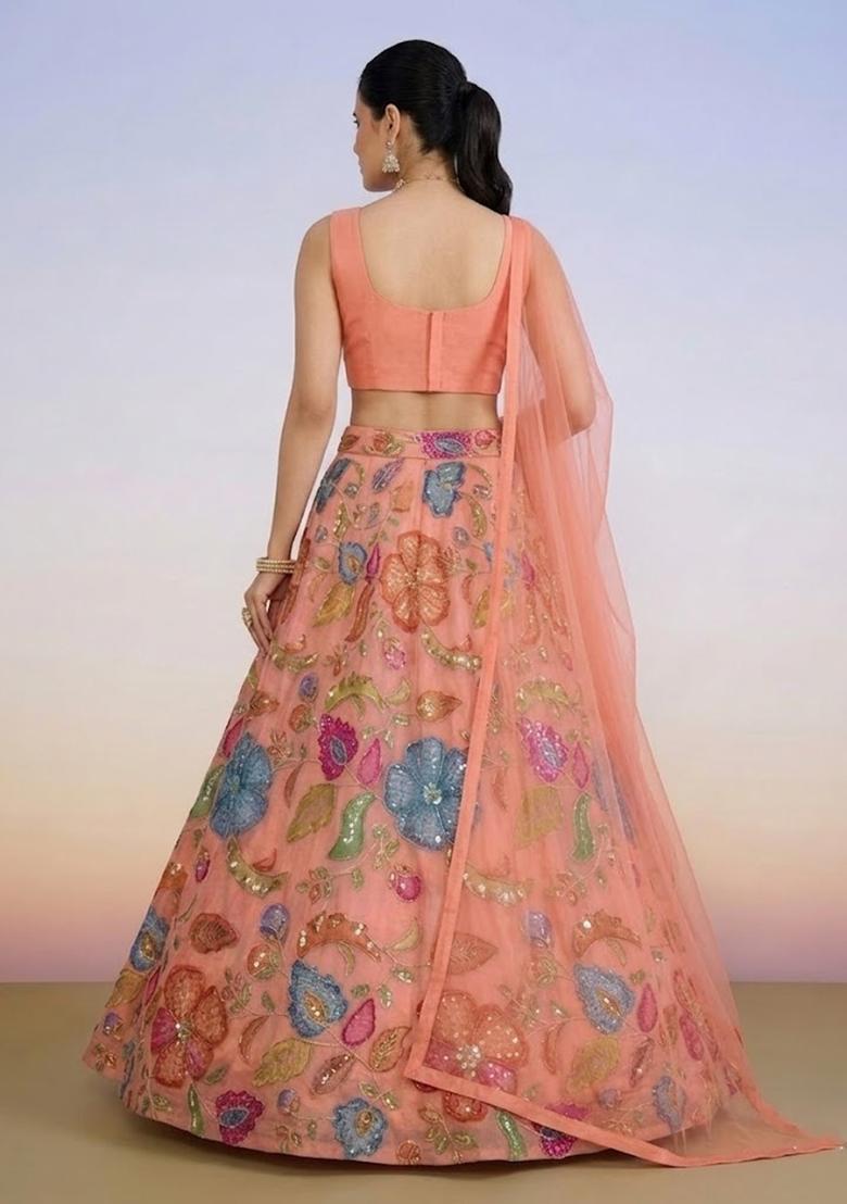 Coral Peach Printed Poly Blend Lehenga Set - Indya