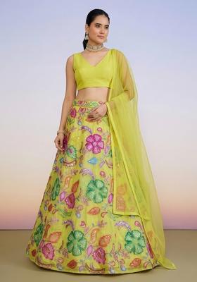 Lime Yellow Printed Poly Blend Lehenga Set