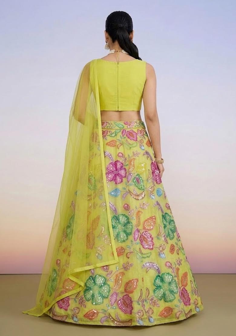 Lime Yellow Printed Poly Blend Lehenga Set - Indya