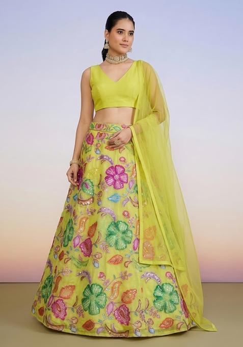 Lime Yellow Printed Poly Blend Lehenga Set