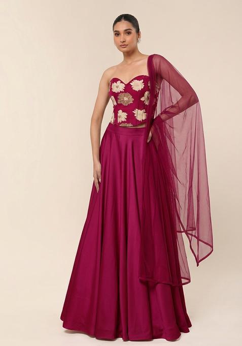 Magenta Purple Printed Chinon Lehenga Set