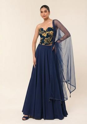 Navy Blue Printed Chinon Lehenga Set