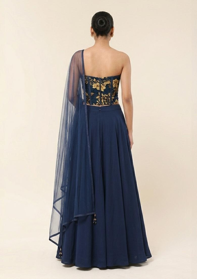 Navy Blue Printed Chinon Lehenga Set - Indya