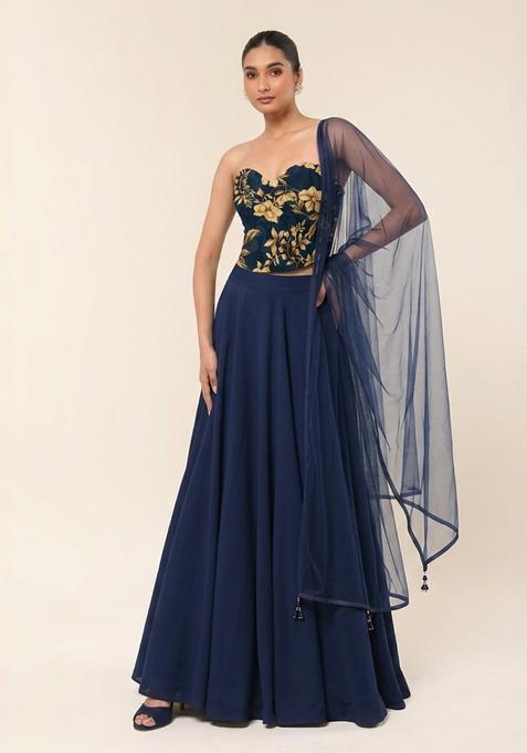 Navy Blue Printed Chinon Lehenga Set