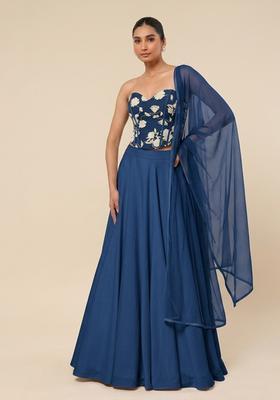Steel Blue Printed Chinon Lehenga Set