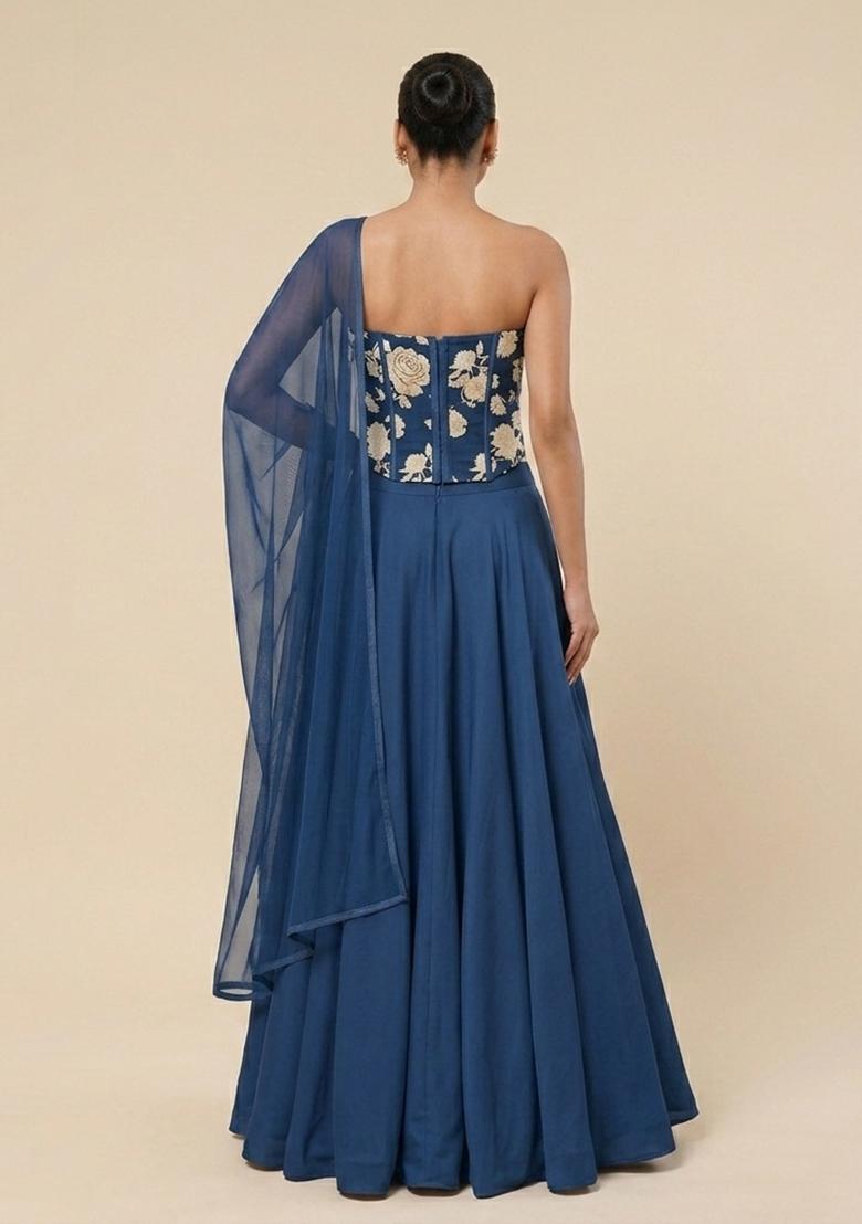 Steel Blue Printed Chinon Lehenga Set - Indya