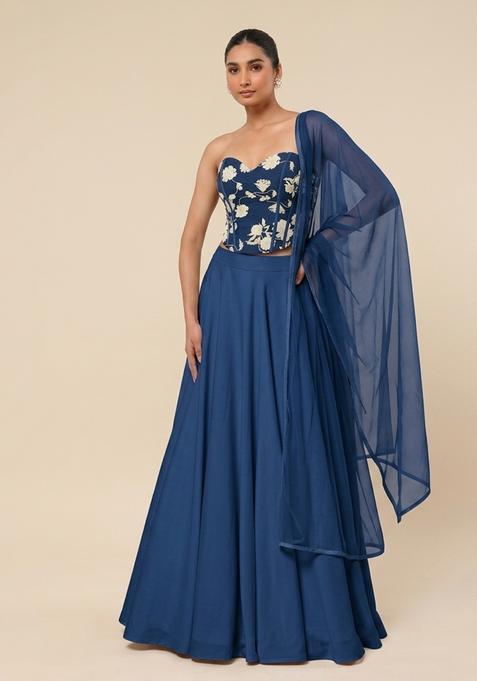 Steel Blue Printed Chinon Lehenga Set