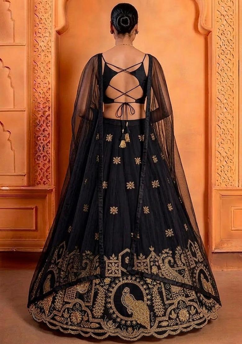 Black Embroidered Crepe Lehenga Set - Indya