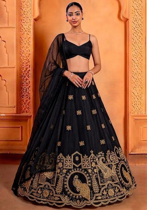 Black Embroidered Crepe Lehenga Set