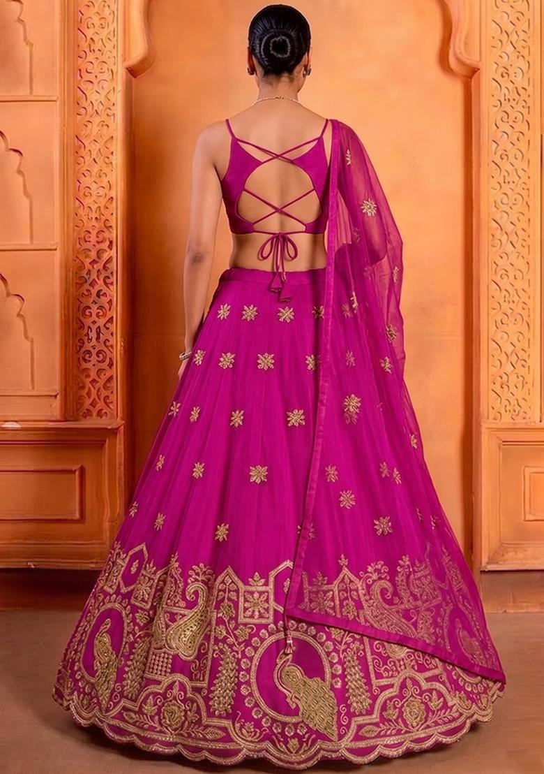 Magenta Pink Embroidered Crepe Lehenga Set - Indya