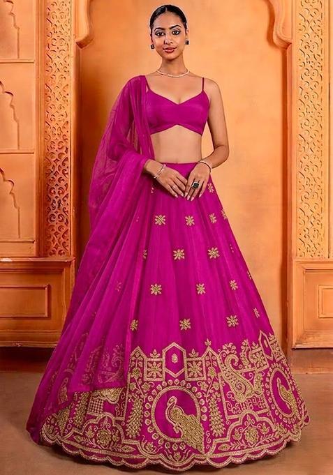Magenta Pink Embroidered Crepe Lehenga Set