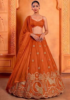 Rust Orange Embroidered Crepe Lehenga Set