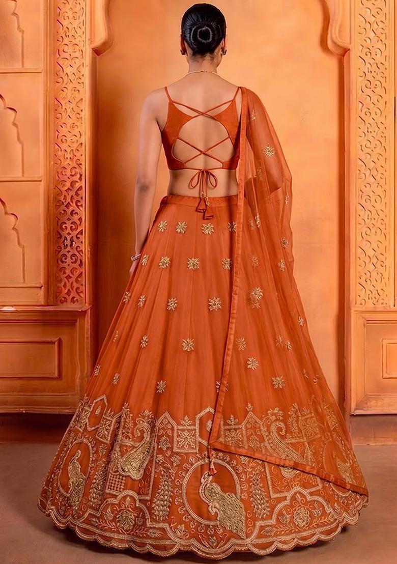 Rust Orange Embroidered Crepe Lehenga Set - Indya