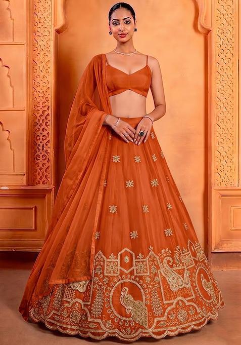 Rust Orange Embroidered Crepe Lehenga Set