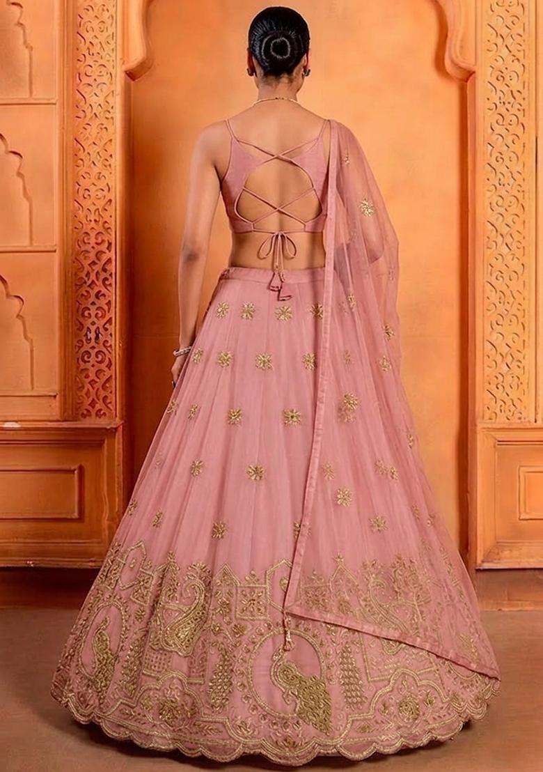 Rose Pink Embroidered Crepe Lehenga Set - Indya
