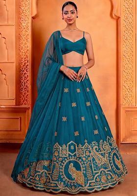 Teal Blue Embroidered Crepe Lehenga Set