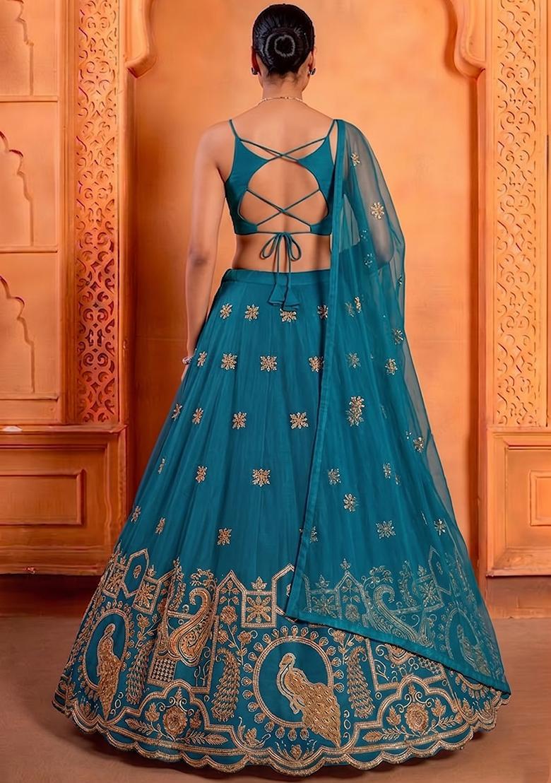 Teal Blue Embroidered Crepe Lehenga Set - Indya