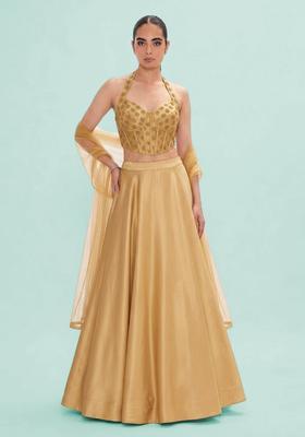 Golden Embroidered Georgette Lehenga Set