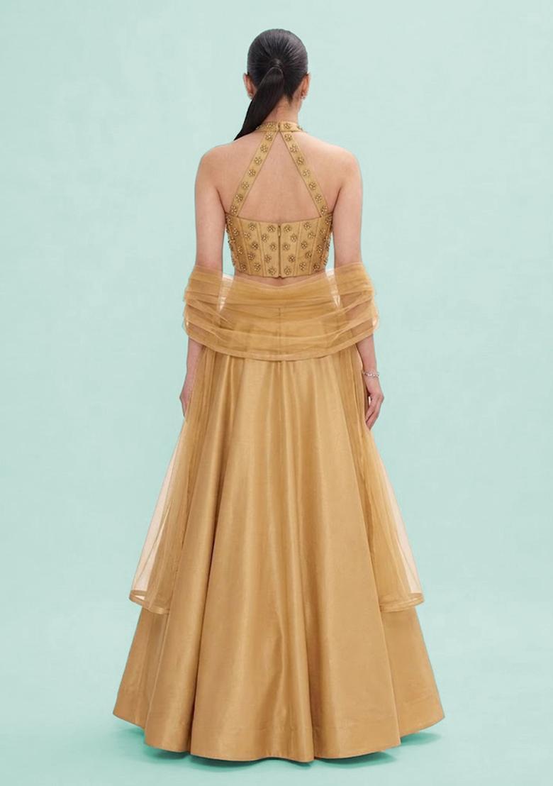 Golden Embroidered Georgette Lehenga Set - Indya