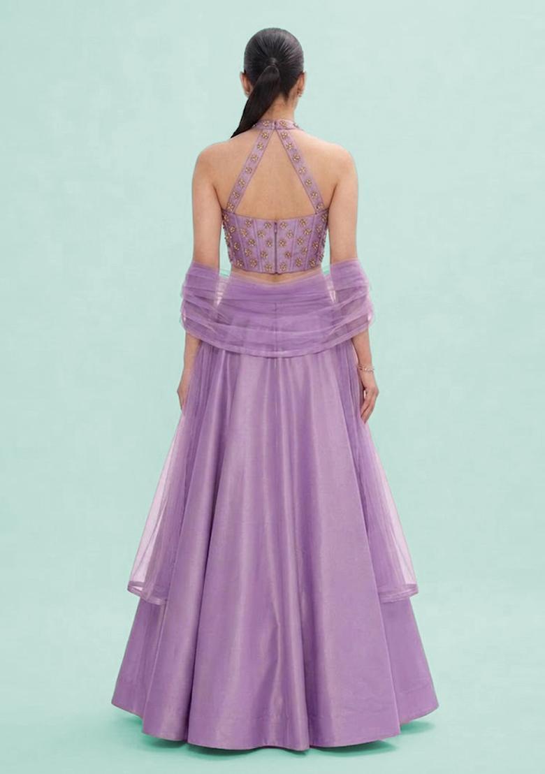 Lavender Embroidered Georgette Lehenga Set - Indya