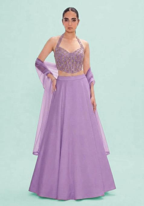 Lavender Embroidered Georgette Lehenga Set