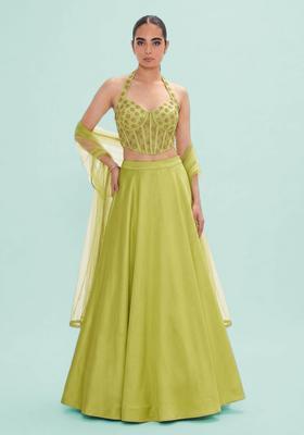 Lime Green Embroidered Georgette Lehenga Set
