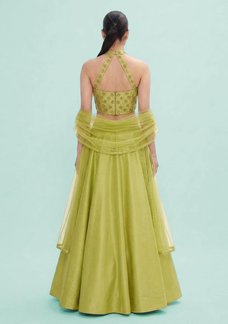 Lime Green Embroidered Georgette Lehenga Set - Indya