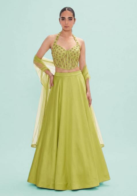 Lime Green Embroidered Georgette Lehenga Set — view on Indya