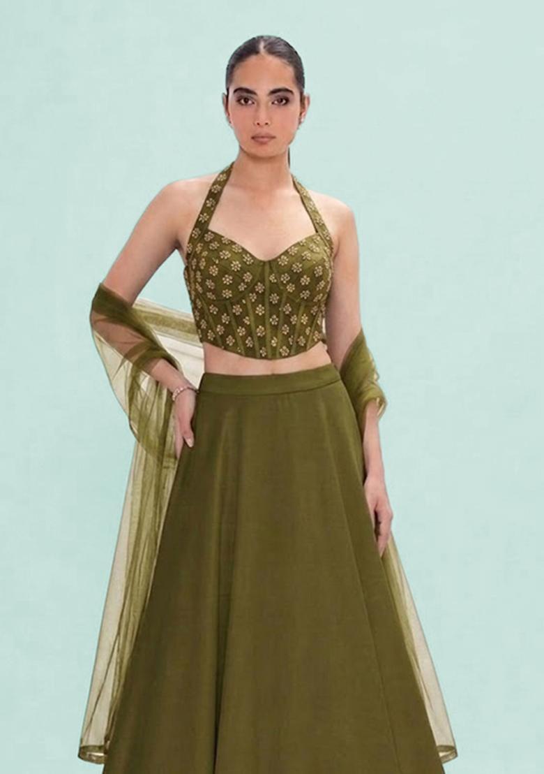 Olive Green Embroidered Georgette Lehenga Set - Indya