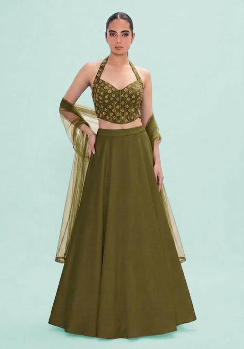 Olive Green Embroidered Georgette Lehenga Set