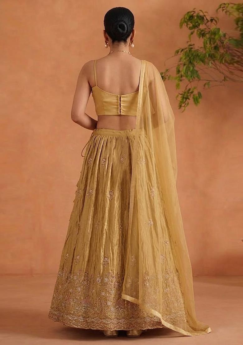Golden Embroidered Cosmos Lehenga Set - Indya