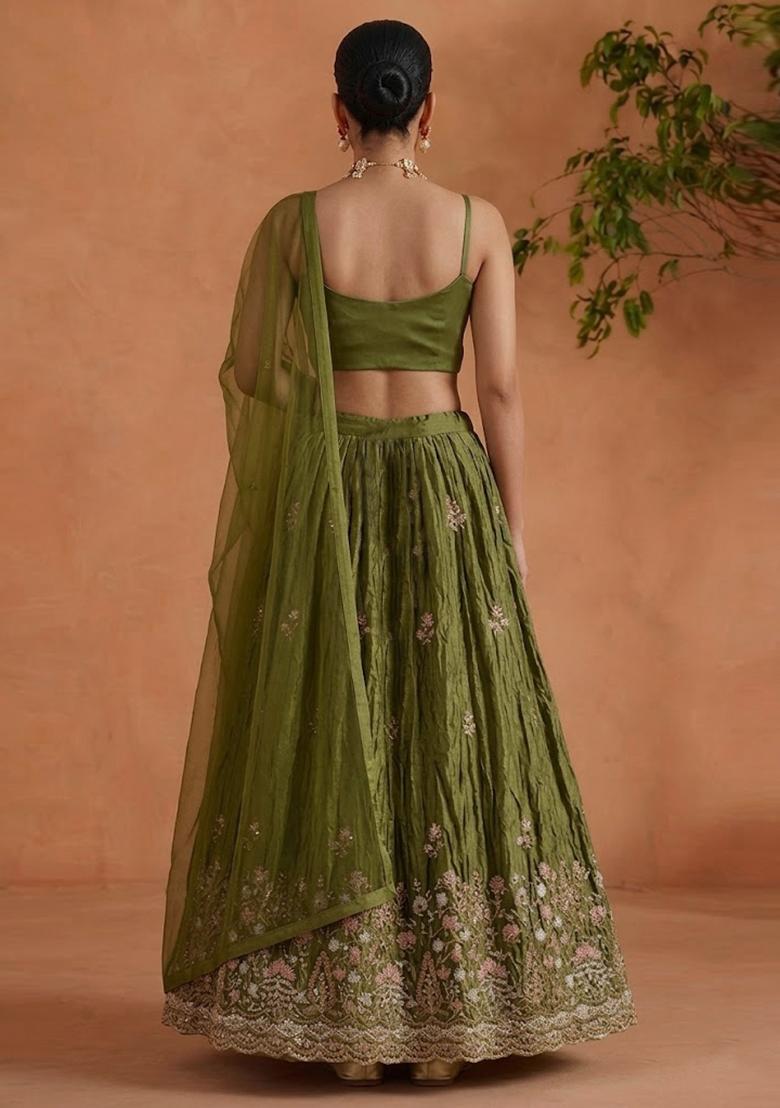 Olive Green Embroidered Cosmos Lehenga Set - Indya