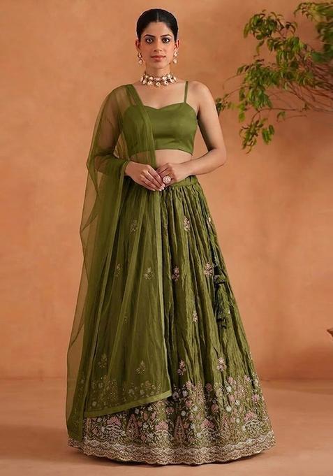 Olive Green Embroidered Cosmos Lehenga Set