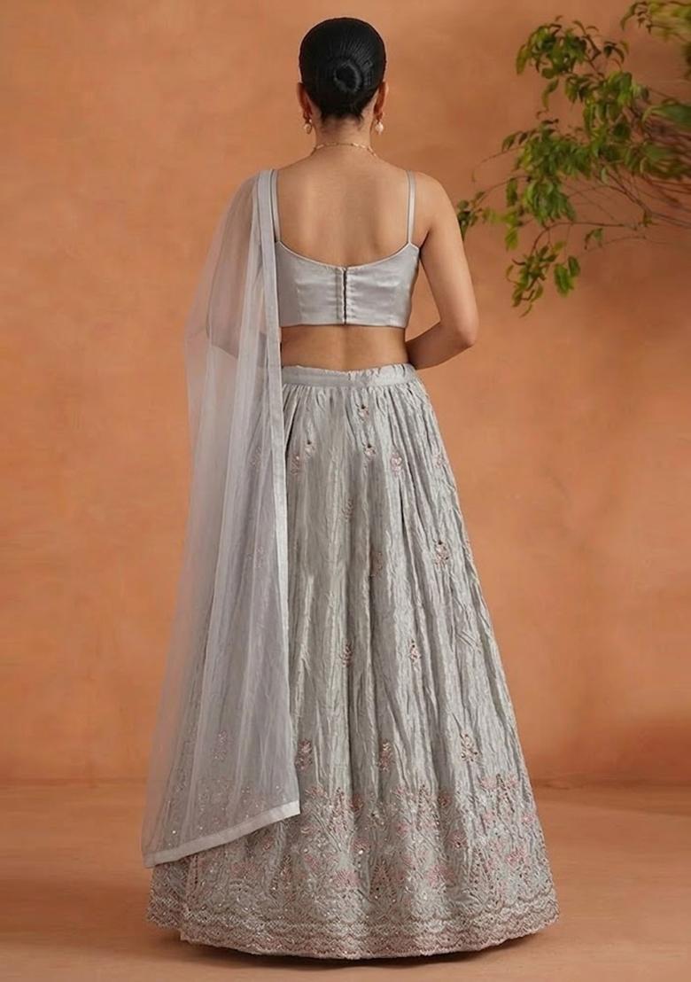 Silver Grey Embroidered Cosmos Lehenga Set - Indya