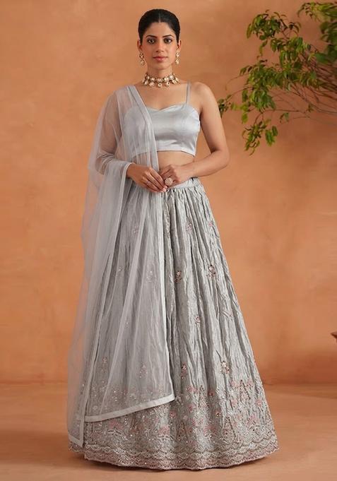 Silver Grey Embroidered Cosmos Lehenga Set