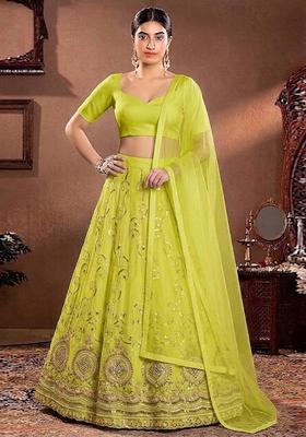 Lime Yellow Embroidered Cosmos Lehenga Set