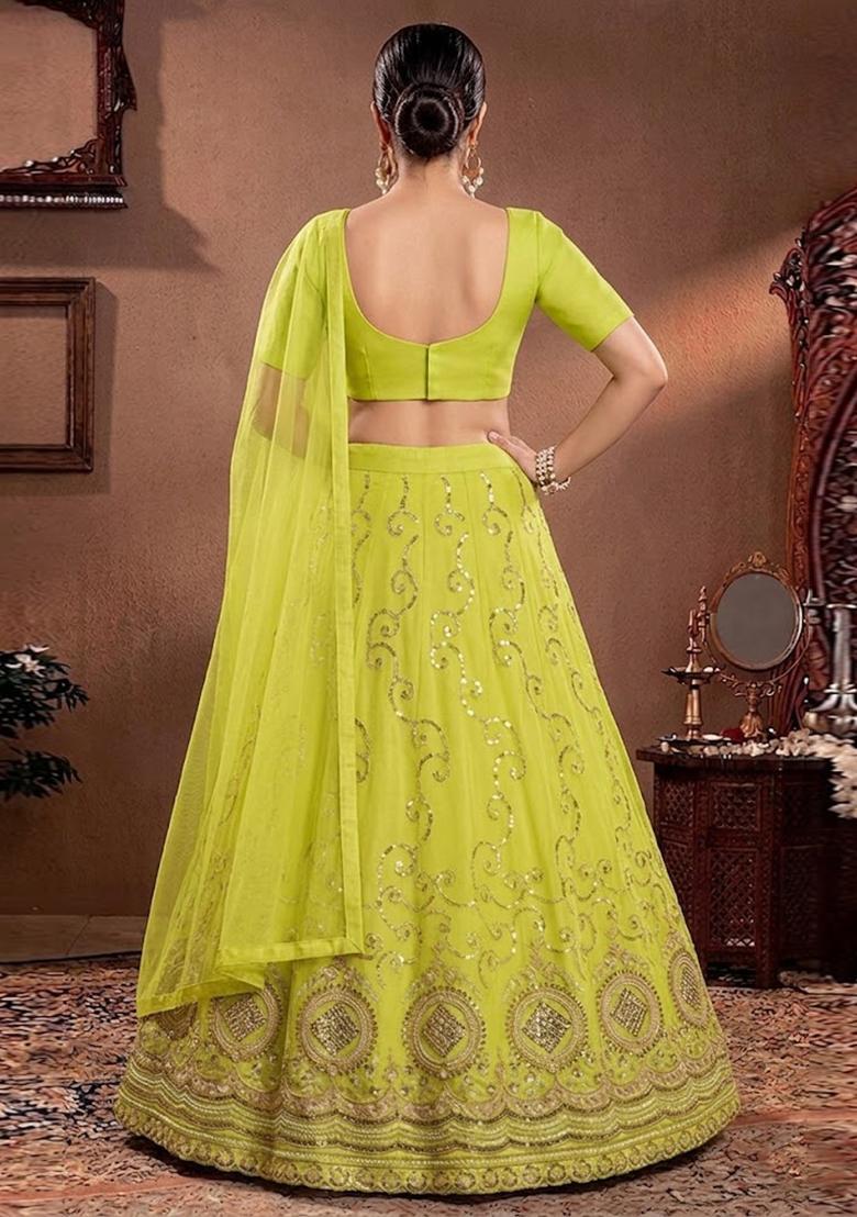 Lime Yellow Embroidered Cosmos Lehenga Set - Indya