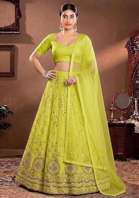 Lime Yellow Embroidered Cosmos Lehenga Set