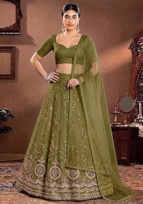 Olive Green Embroidered Cosmos Lehenga Set