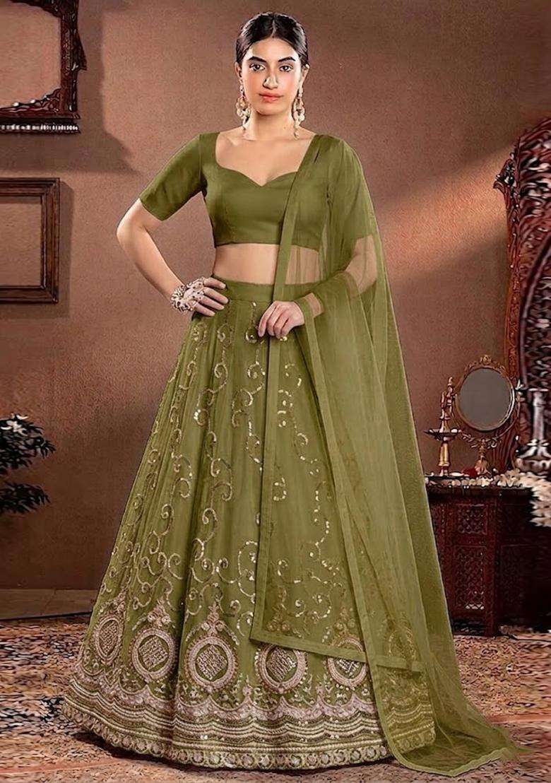Olive Green Embroidered Cosmos Lehenga Set - Indya