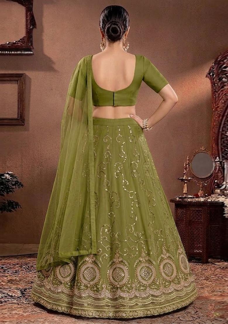 Olive Green Embroidered Cosmos Lehenga Set - Indya