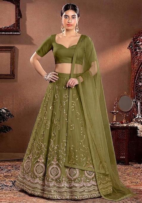 Olive Green Embroidered Cosmos Lehenga Set